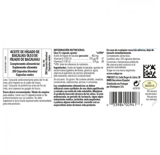 Aceite de hígado de bacalao - 250 cápsulas blandas