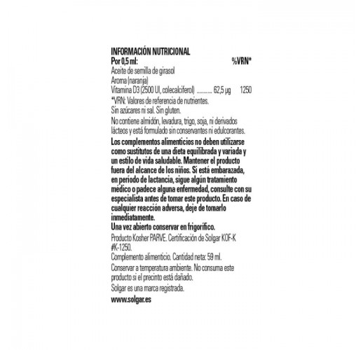 Solgar - Vitamina D3 líquida 2500 UI - 59 ml