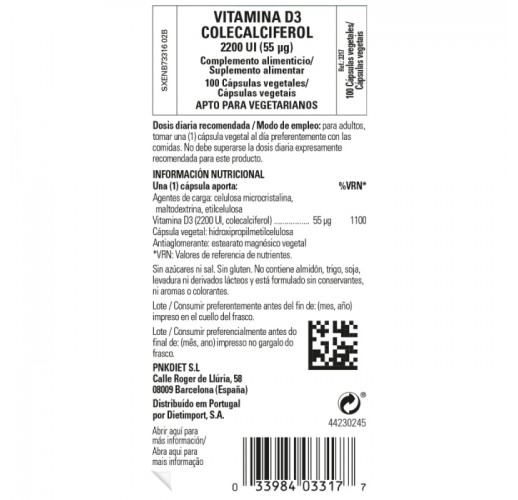 Vitamina D3 2200 IU 55 μg - 100 cápsulas vegetales