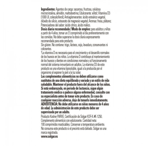 Vitamina D3 1000 IU 25 μg - 100 comprimidos masticables