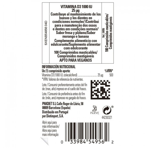 Vitamina D3 1000 IU 25 μg - 100 comprimidos masticables