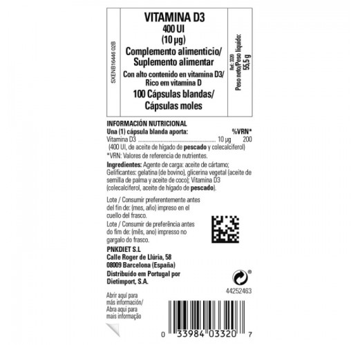 Vitamina D3 400 UI - 100 cápsulas blandas